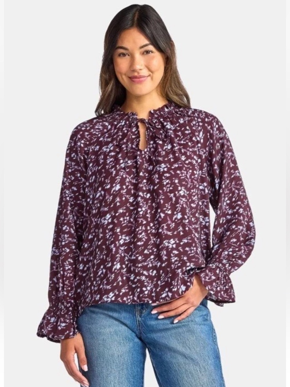 Time and Tru Burgundy Floral Keyhole Tie Neck Long Sleeve Peasant Blouse